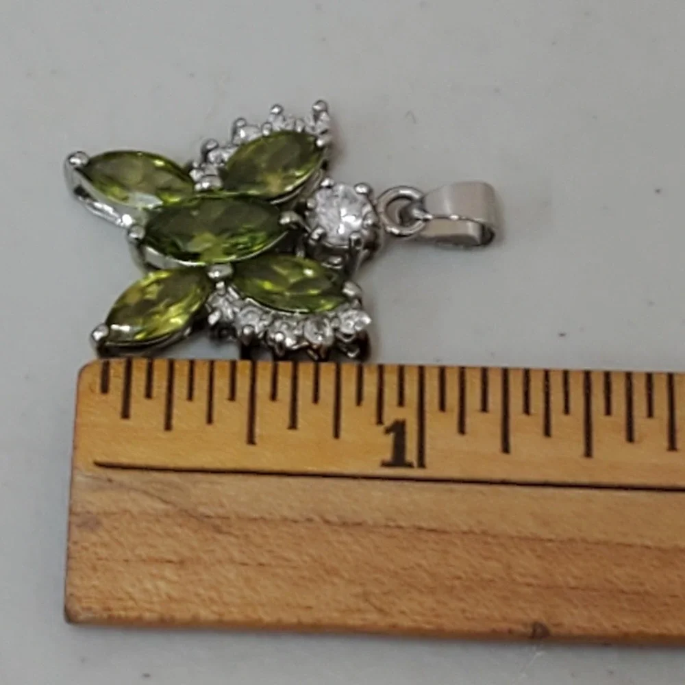 18k White Gold Plated Butterfly Necklace Pendant W/ Clear & Green Stones
